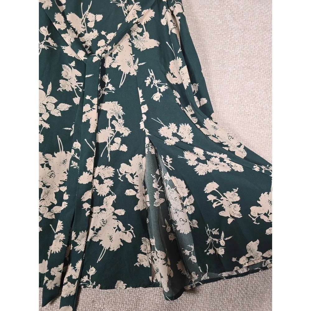 Allegra K XL‎ Green Floral Midi Skirt A-Line Self Tie Belt Side Slit Womens